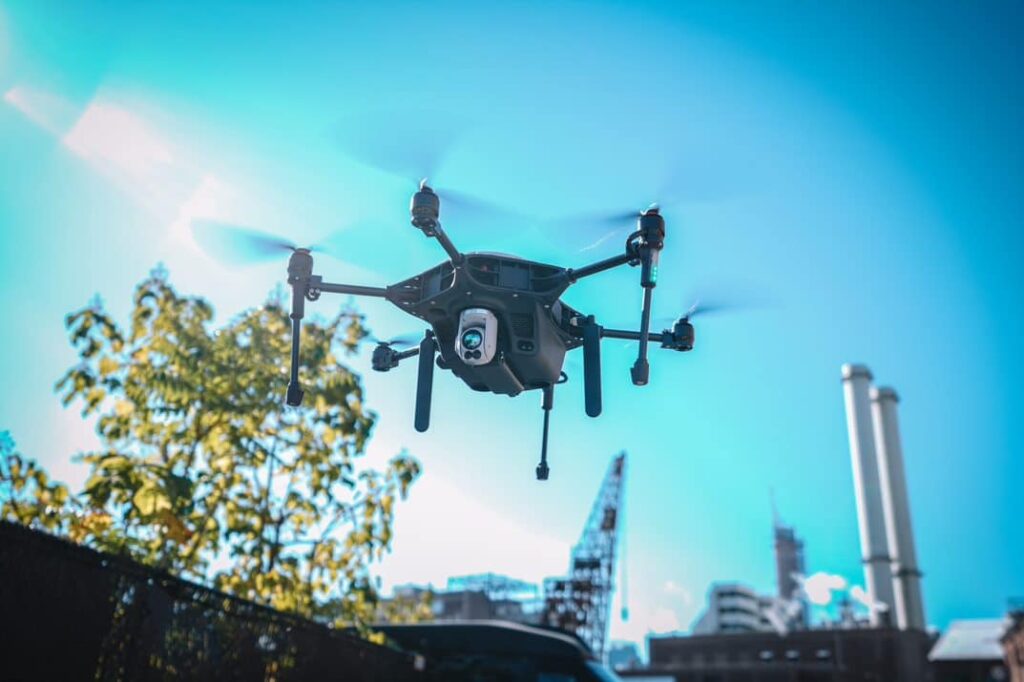 A drone camera monitoring the city