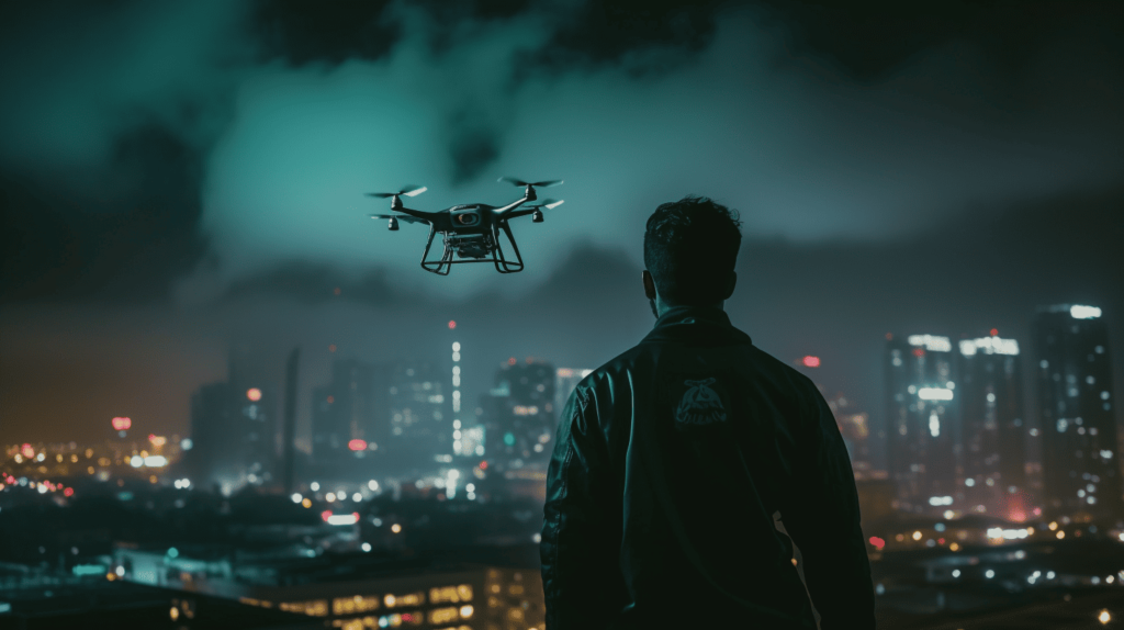 A person looking at the night drone through the night sky in the city