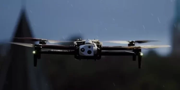 A view of a long range drone hovering in the sky