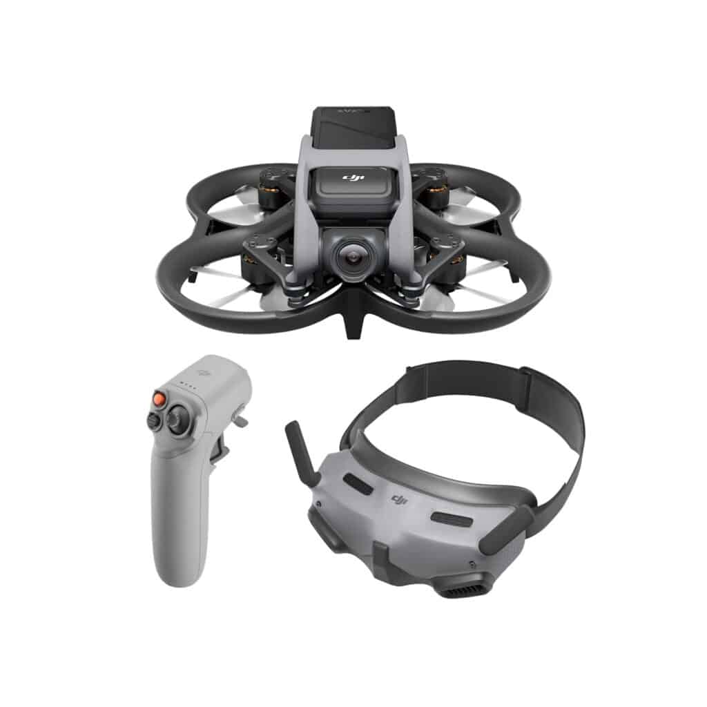 DJI avata pro drone with goggles and remote controller in simple white background