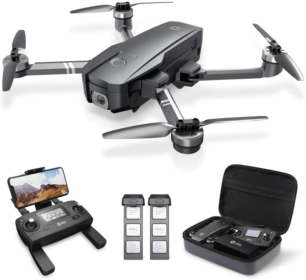 holy stone drone in black color with remote controller and accessories with transparent white background