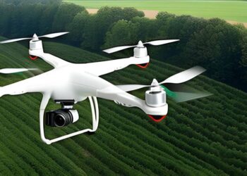 white drone flying above the green fields