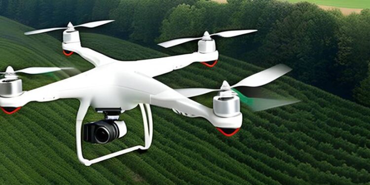 white drone flying above the green fields