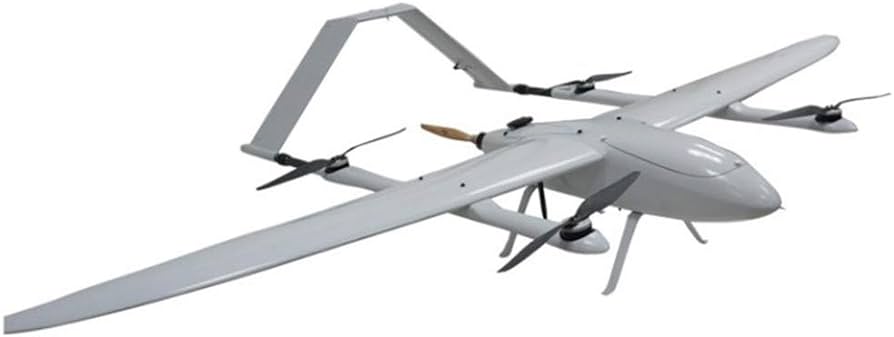 A view of a grey fixed wing gas drone