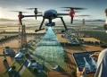 A view of a person operating a lidar drone with a graphic representation of drone mapping over fields in futuristic way