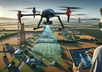 A view of a person operating a lidar drone with a graphic representation of drone mapping over fields in futuristic way