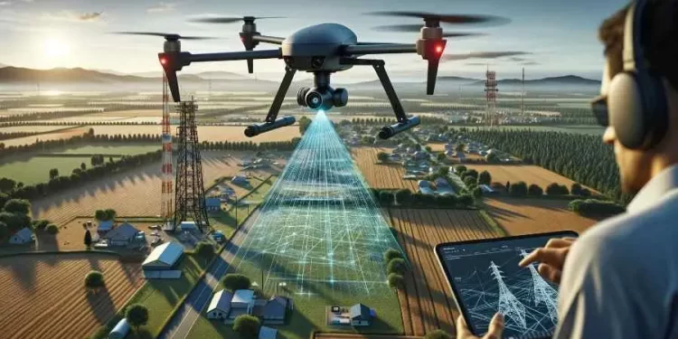 A view of a person operating a lidar drone with a graphic representation of drone mapping over fields in futuristic way
