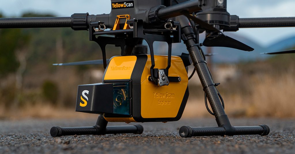 A view of a yellowcan lidar drone on a road