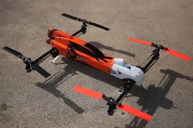 A view of an orange Nitro Stingray Gas Powered Drone