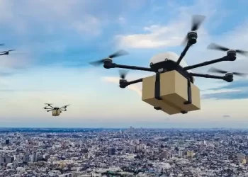 A view of gas powered drones hovering over the city