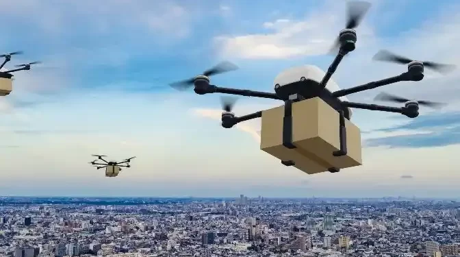 A view of gas powered drones hovering over the city