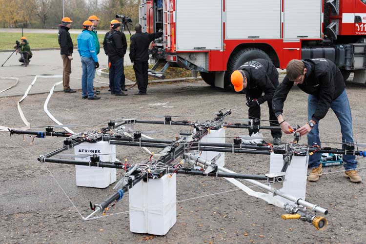 fire fighters setting up the drones