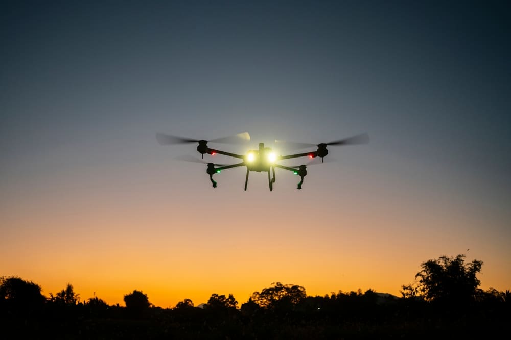 Drone Is Flying Over The Field Twilight Scene