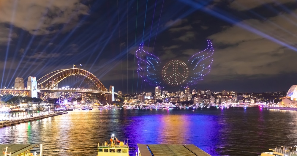 Colourful Light Show At Night On Sydney Harbour Nsw Australia